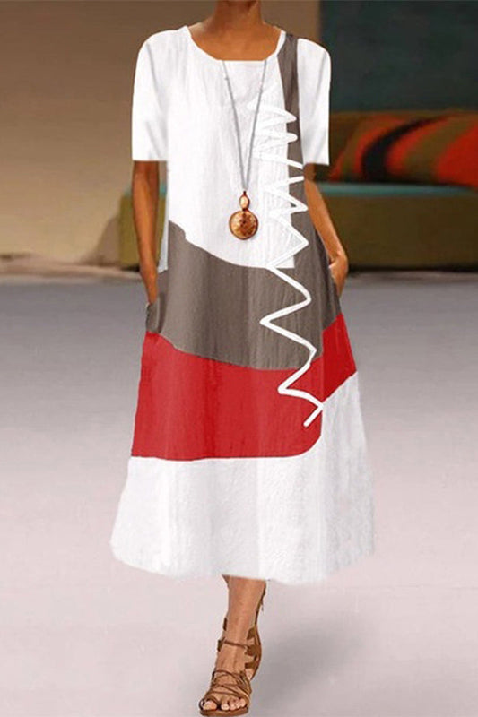 EP | Casual Geometric Print Pocket Contrast O Neck A Line Robe à manches courtes