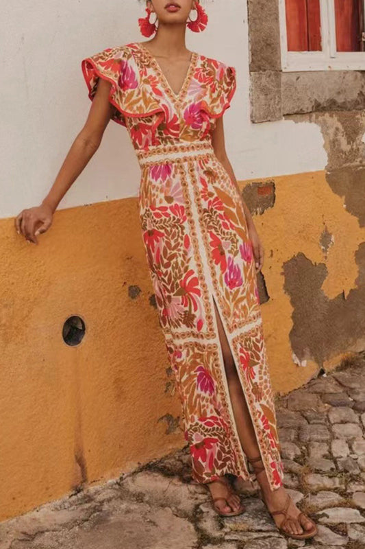 EP | Casual Floral Print Dos nu Fente V-cou A Line Robes
