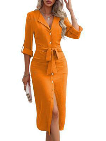 EP | couleur solide revers taille cravate fente robe chemise
